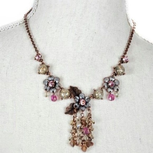 Jewelry - Enamel and rhinestone Floral Y Necklace & Earrings